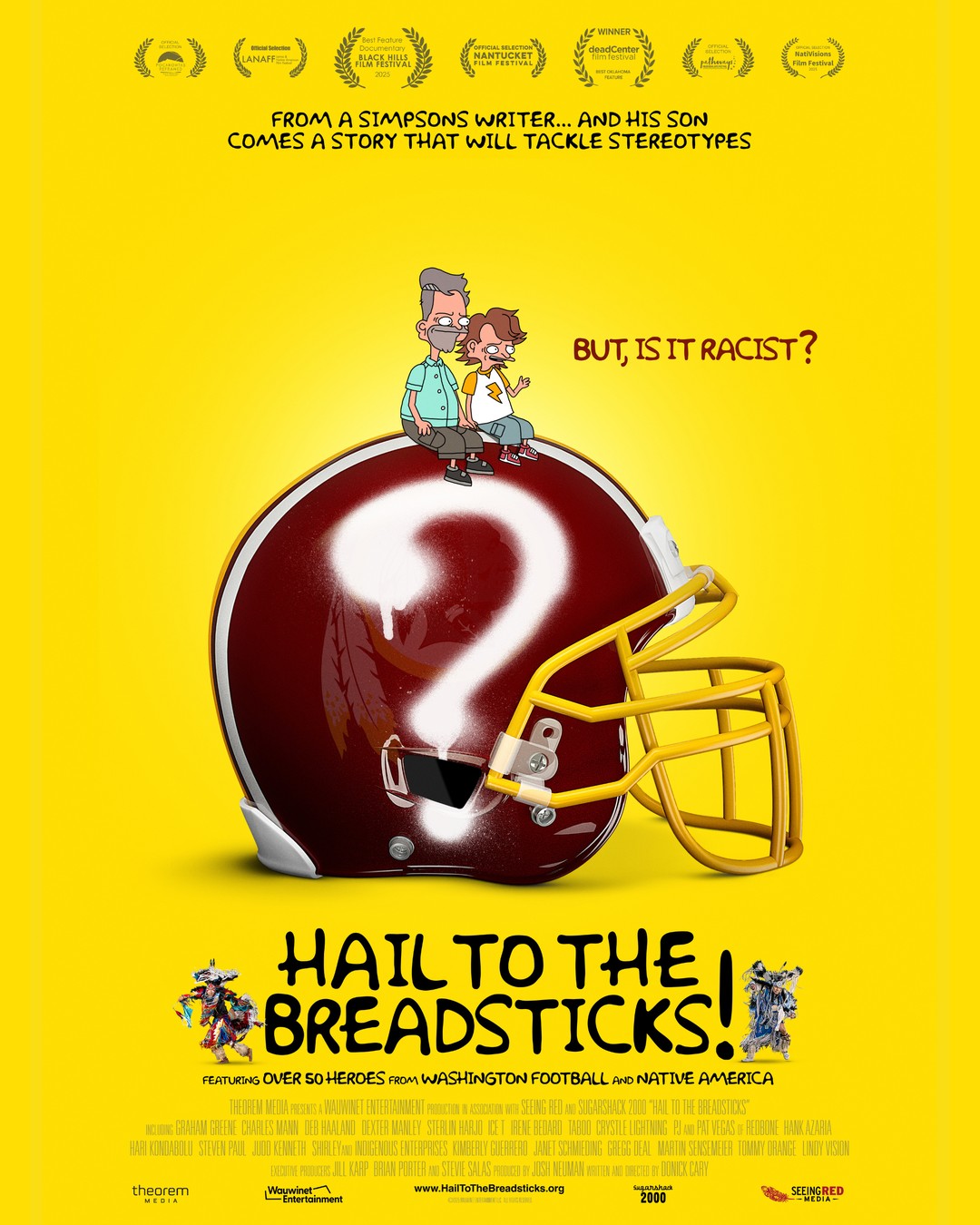 Hail to the Breadsticks! poster: a cartoon father and son sit on a burgundy football helmet with a spray-painted question mark
